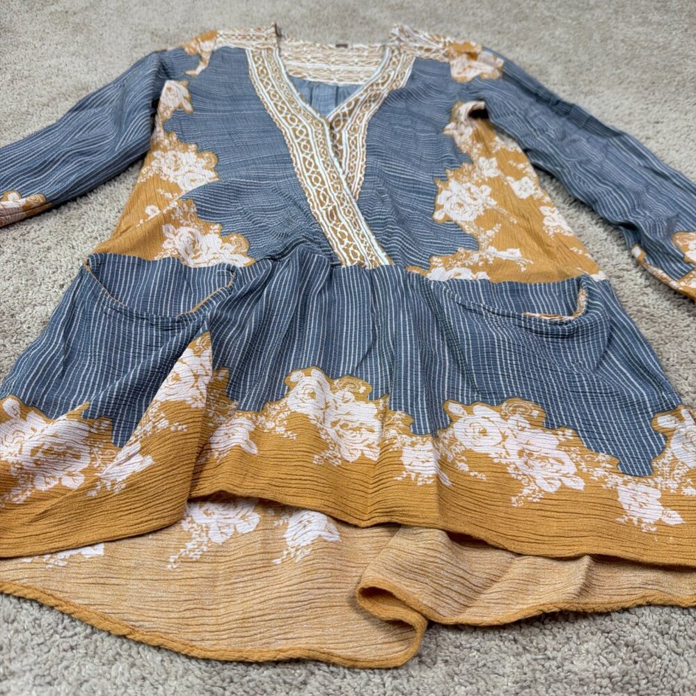 Free People Mini Dress Womens M Blue Gold Bohemian Lightweight Pockets Tunic Top - Picture 2 of 7